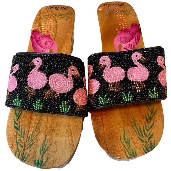 Miz Tanice Beaded & Painted Pink Flamingo Wood Slides in ladies Sz 8. - Picture 3 of 8